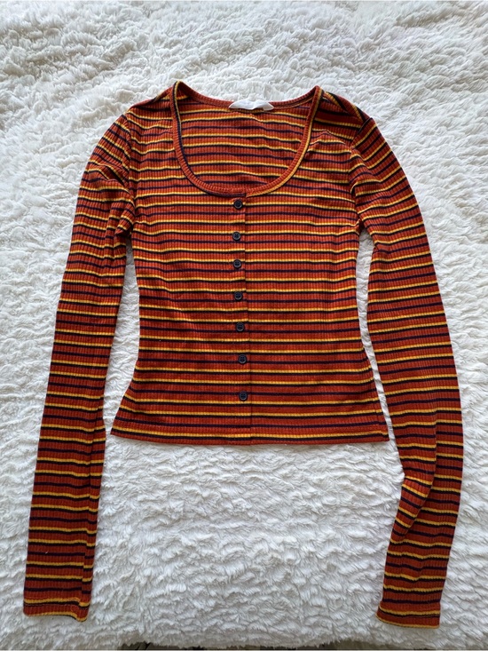 Bluenotes Tops - Bluenotes Striped Rib-Knit Button-Front Long Sleeve Top - Red, Yellow, Black